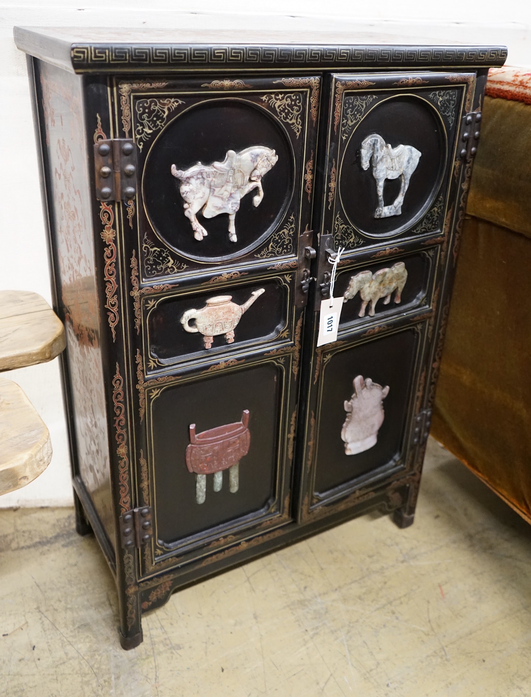 A Chinese painted hardstone mounted two door side cabinet, width 60cm, depth 31cm, height 89cm